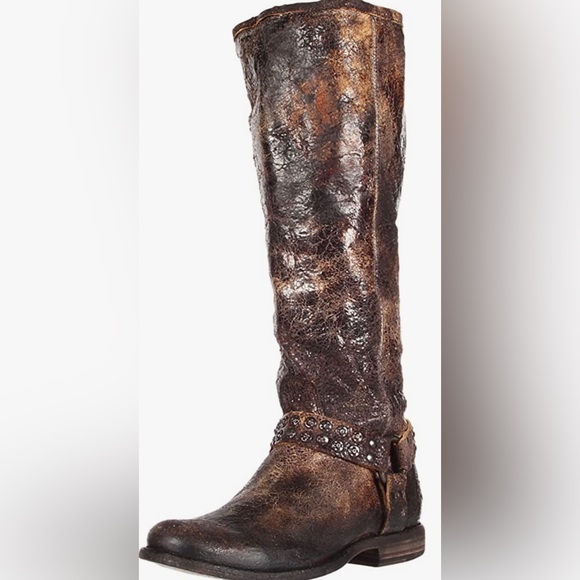 Frye Shoes - FRYE PHILLIP Studded Harness Crackled Vintage Leather Tall Boots